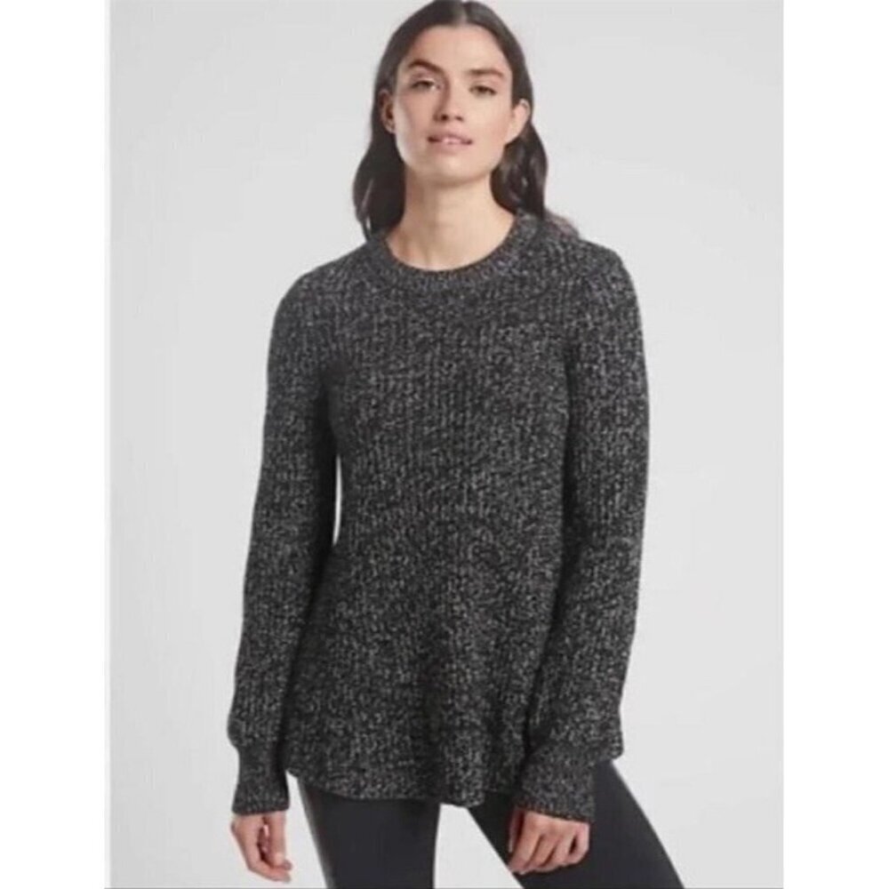 Athleta Woman’s Sz L Sierra Black White Crew Neck Cable Knit Sweater Swing Hem